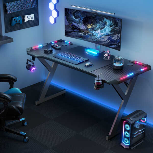 HLDIRECT 40 inch Gaming Desk with LED, Ergonomic Computer Table for Adult and Teen, Black