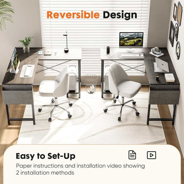 Furnibear Computer Desk with Drawer and Power Outlets, 47" Office Desk with 2 Monitor Stands and Fabric File Cabinet for Home