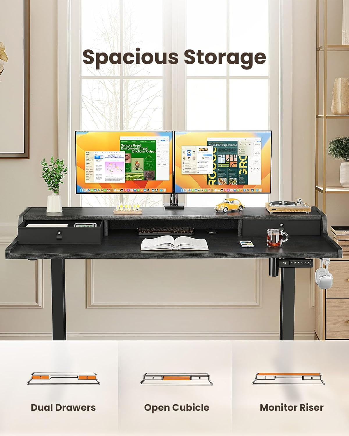 CHITOOMA 63&Prime x 28&Prime Electric Standing Desk with Drawers, Height Adjustable Gaming Desk with Monitor Stand & Storage