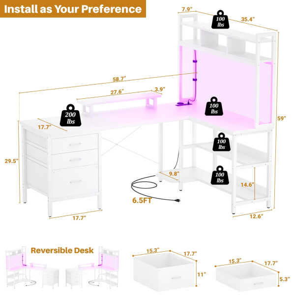 iSunirm L Shaped Gaming Desk with Storage, Computer Gaming Desk with LED Lights & Hutch, Reversible Computer Desk with Power