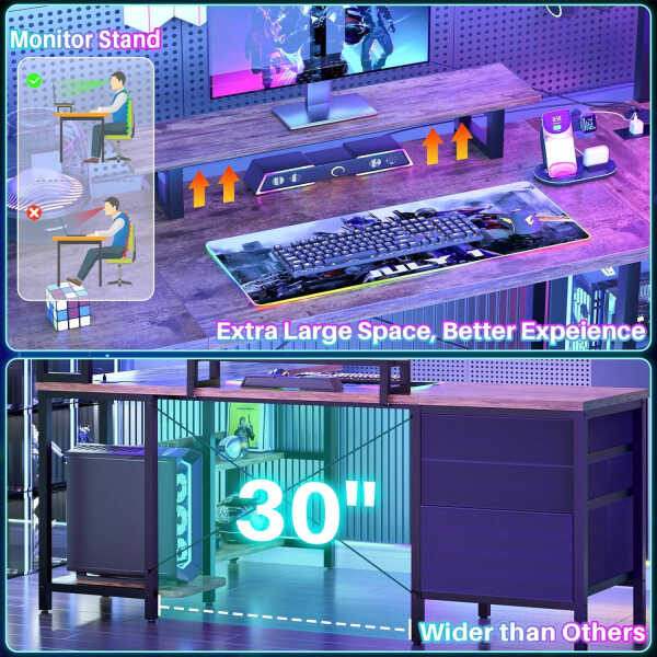 iSunirm L Shaped Gaming Desk with Storage, Computer Gaming Desk with LED Lights & Hutch, Reversible Computer Desk with Power