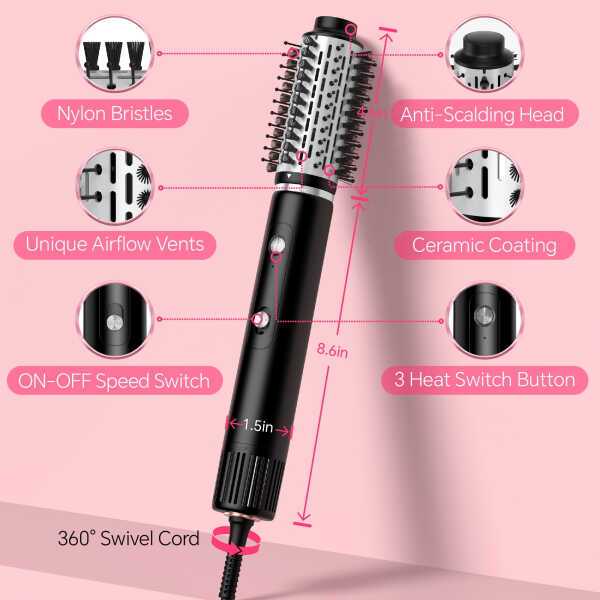 NICEBAY Hair Dryer Brush, Hot Air Brush with 110000RPM Brushless Motor, Blow Dryer 1300W, Plastic