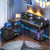 L Shaped Gaming Desk with File Drawer & Power Outlet, 53" Reversible Home Office Desk with Monitor Stand & Storage Drawers,