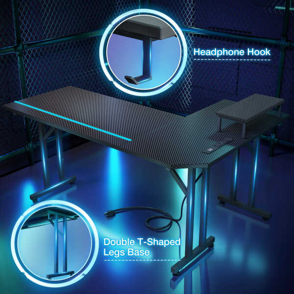 51 inch Gaming Desk with LED Lights & Power Outlet, Gaming Table with Movable Monitort Shelf Kids Desk Gift for Boys Men, Home