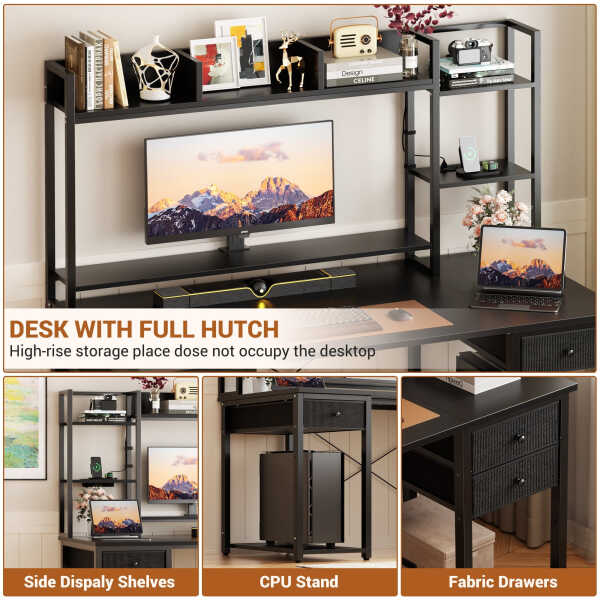 iSunirm Desk with LED Light and Power Outlet, 47.2'' Gaming Desk with Hutch, Reversible Computer Desk with Drawers, and Storage