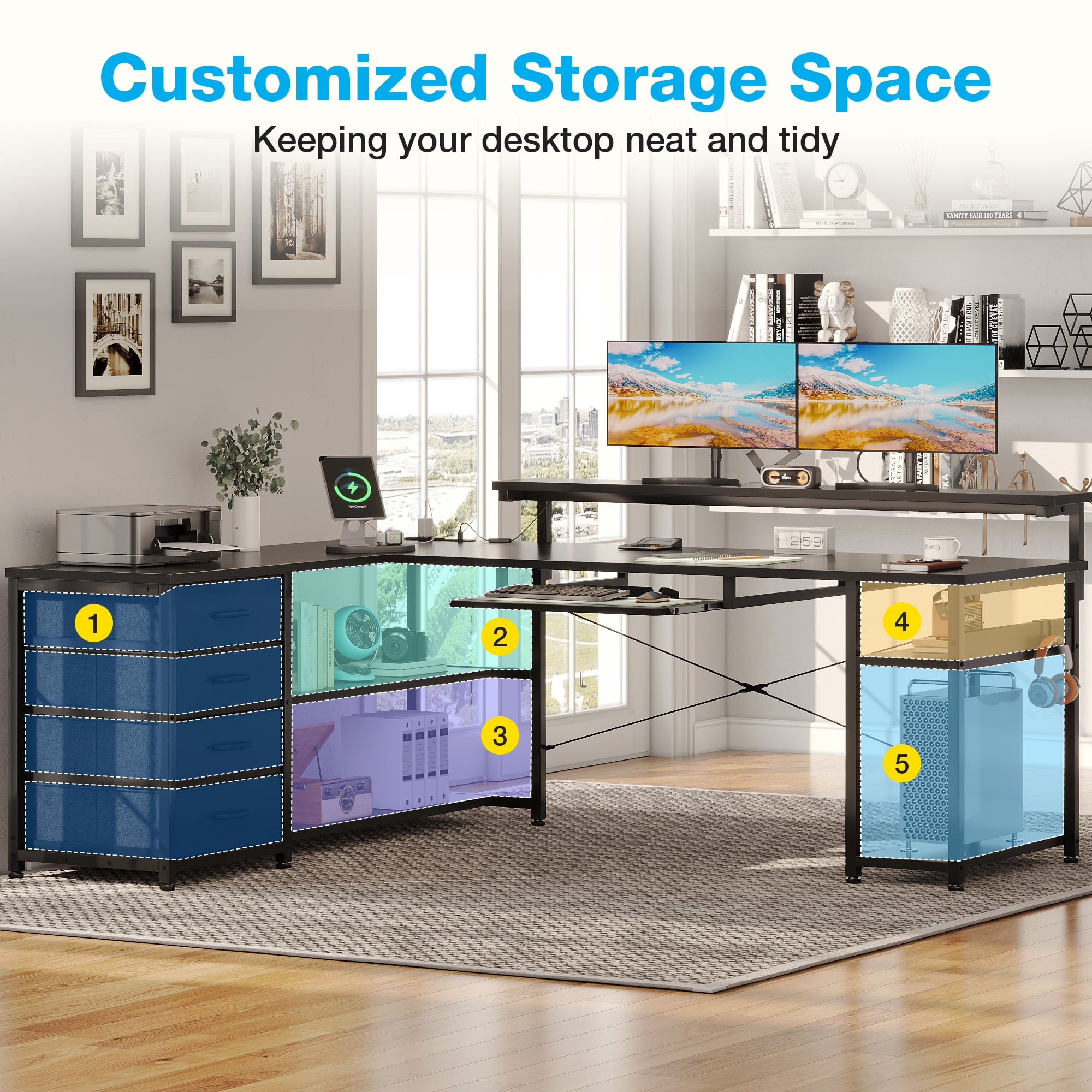 KKL 61 inch L Shaped Gaming Desk with 4 Drawers & Power Outlets, Home Office Desk with Adjustable Heights Monitor Stand &