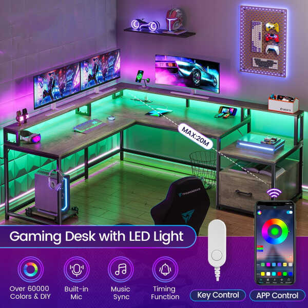 L Shaped Desk with Power Outlet and LED Lights, Corner Computer Desk with File Drawer for Home Office, Gaming Desk, Rustic Brown