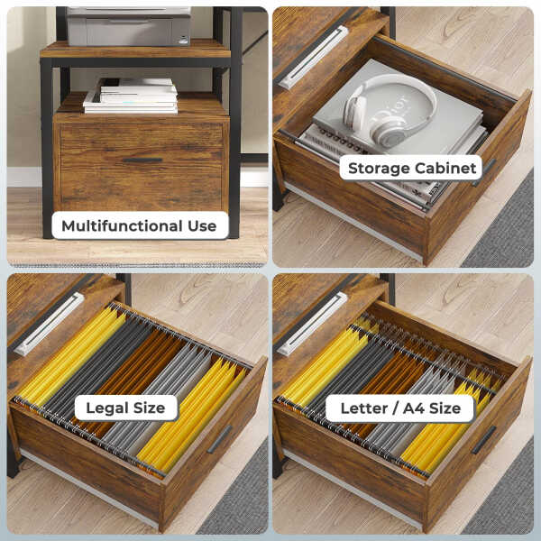 L Shaped Desk with Power Outlet and LED Lights, Corner Computer Desk with File Drawer for Home Office, Gaming Desk, Rustic Brown