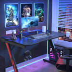Homall 44 Inches Z-Shaped Gaming Desk Carbon Fiber Surface Desk with Cup Holder & Headphone Hook, Black