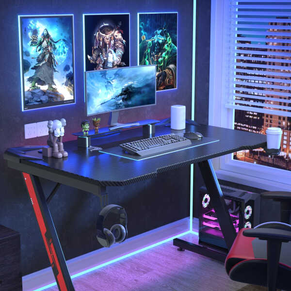 Homall 44 Inches Z-Shaped Gaming Desk Carbon Fiber Surface Desk with Cup Holder & Headphone Hook, Black