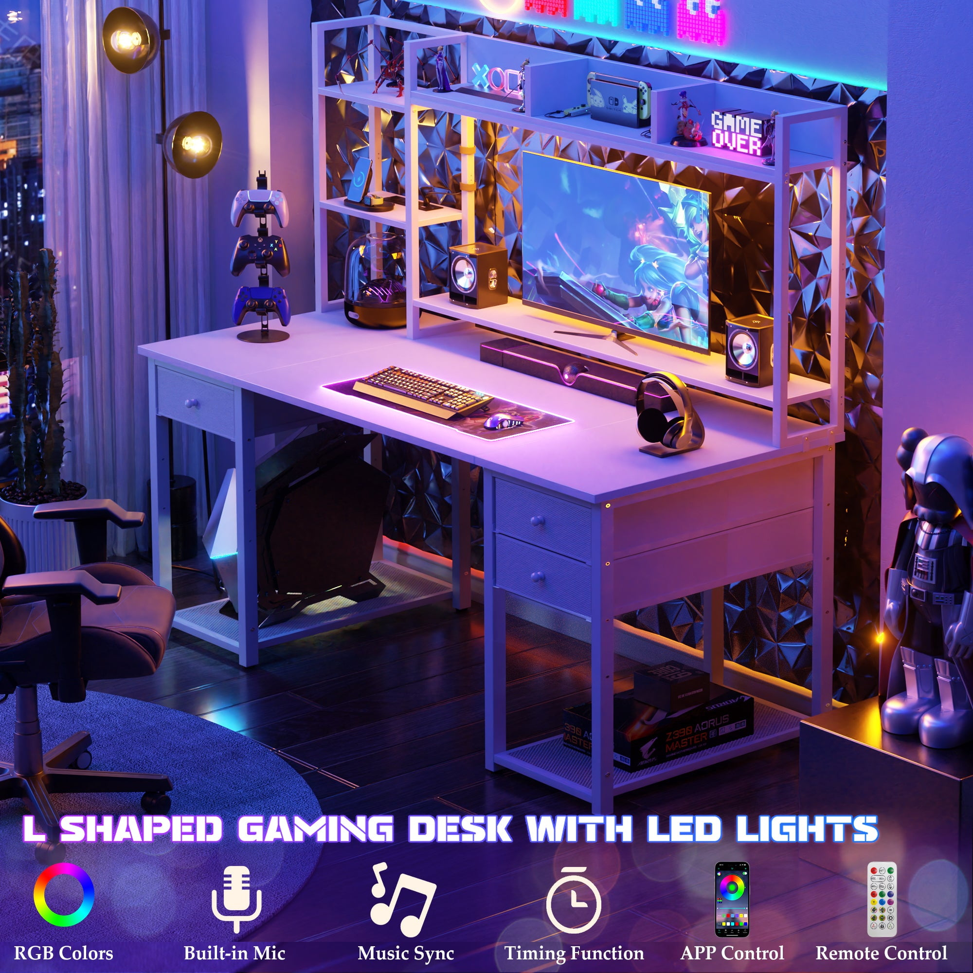 iSunirm Desk with LED Light and Power Outlet, 47.2'' Gaming Desk with Hutch, Reversible Computer Desk with Drawers, and Storage