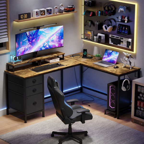 GIKPAL L Shaped Computer Desk, Reversible Gaming Desk with Drawers, Corner Desk with Storage Shelves & Monitor Stand, Home