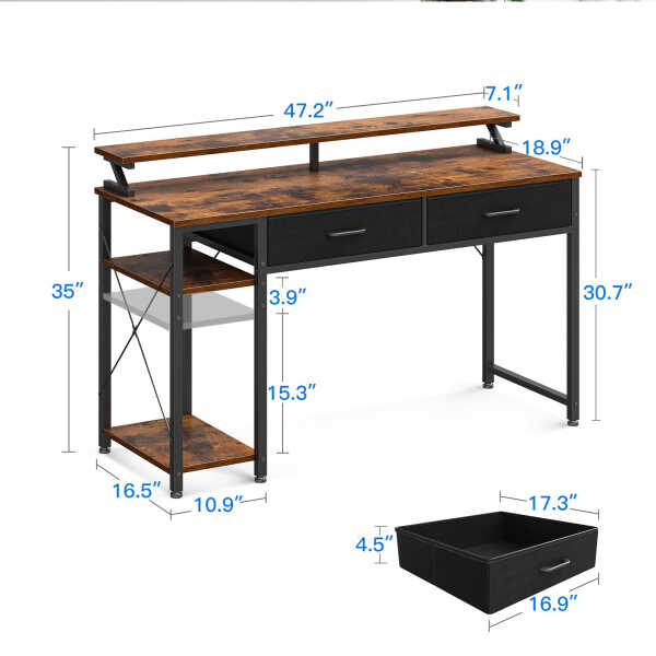 Computer Desk with Drawers and Storage Shelves, 48 inch Home Office Desk with Monitor Stand, Work Study PC Desk for Small