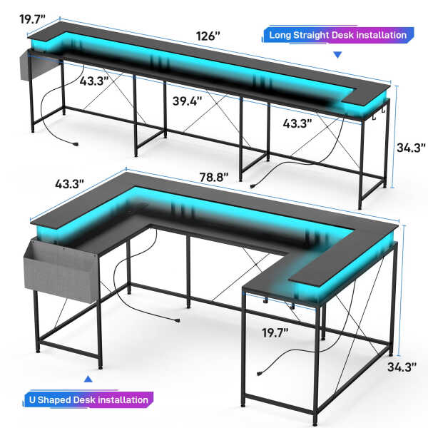Towallmark Reversible 79" U Shaped Gaming Desk Office Corner Computer PC Home Desk With LED Light Strip Power Outlet Monitor