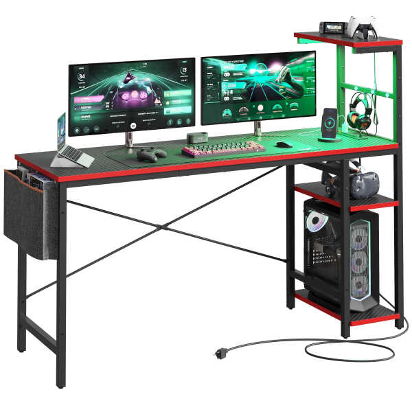 Bestier 61" Reversible Gaming Desk with PC Shelf Computer Desk with LED Light Carbon Fiber