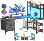 iSunirm L Shaped Gaming Desk with Storage, Computer Gaming Desk with LED Lights & Hutch, Reversible Computer Desk with Power