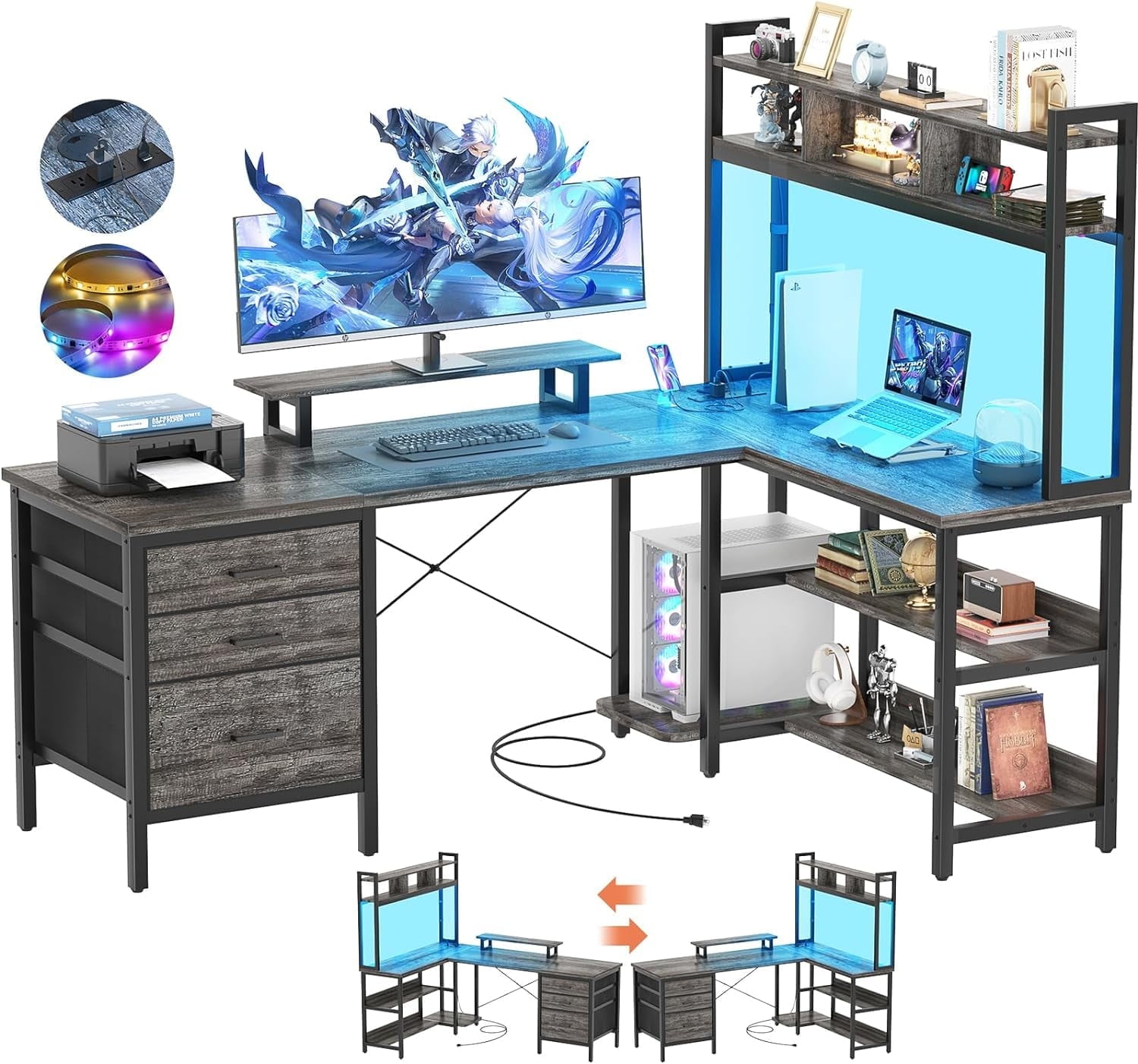 iSunirm L Shaped Gaming Desk with Storage, Computer Gaming Desk with LED Lights & Hutch, Reversible Computer Desk with Power