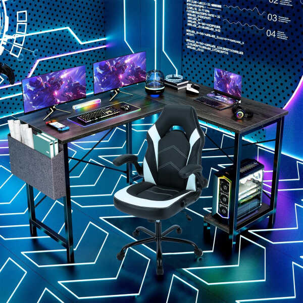 Furnibear Computer Desk with Drawer and Power Outlets, 47" Office Desk with 2 Monitor Stands and Fabric File Cabinet for Home