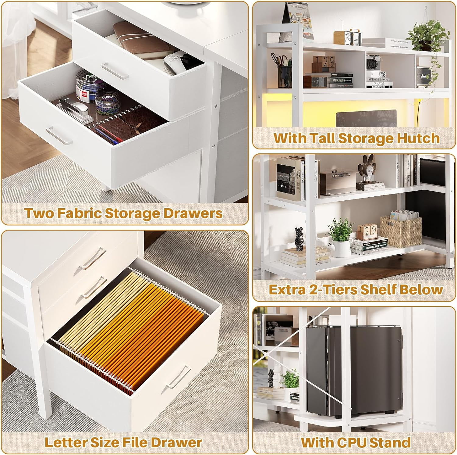iSunirm L Shaped Gaming Desk with Storage, Computer Gaming Desk with LED Lights & Hutch, Reversible Computer Desk with Power