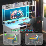 iSunirm Desk with LED Light and Power Outlet, 47.2'' Gaming Desk with Hutch, Reversible Computer Desk with Drawers, and Storage