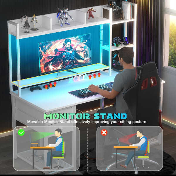 iSunirm Desk with LED Light and Power Outlet, 47.2'' Gaming Desk with Hutch, Reversible Computer Desk with Drawers, and Storage