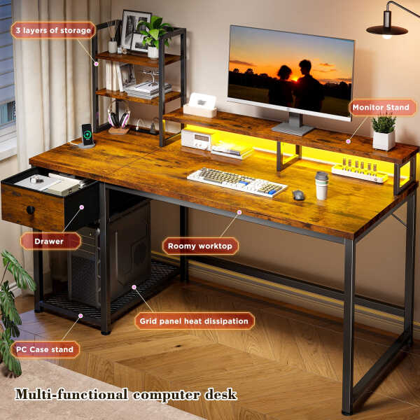 EnHomee 43.3" Gaming Desk with LED Lights & Power Outlets, Computer Desk with Drawers, Home Office Desks with Reversible Shelves