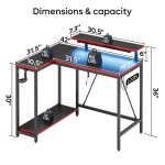 Pinmoco 42" Reversible L-Shaped Gaming Desk with Monitor Stand, LED Lights& Headset Hooks, Home Office, Carbon Fiber Black