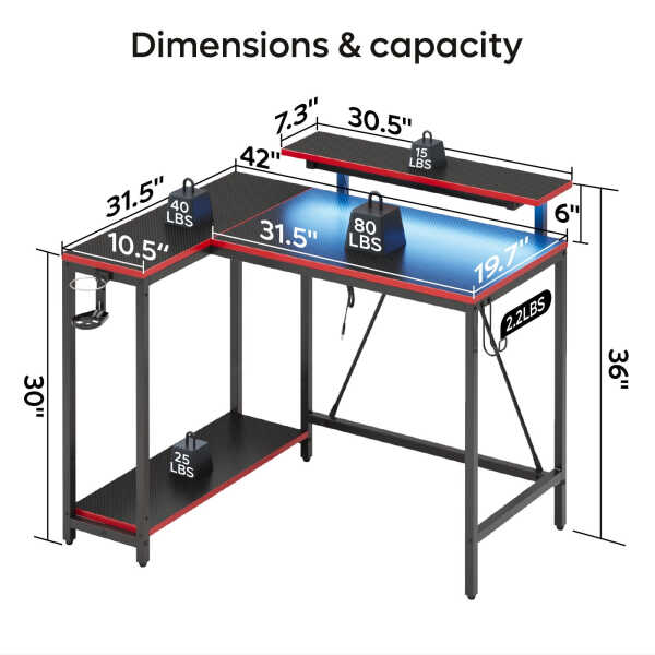 Pinmoco 42" Reversible L-Shaped Gaming Desk with Monitor Stand, LED Lights& Headset Hooks, Home Office, Carbon Fiber Black