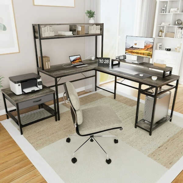 CHITOOMA 67 Inch Reversible L-Shaped Computer Desk Gaming Desk with Power Outlets,USB Ports,LED Strip,Storage Shelves & Monitor