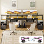 55 Inch Reversible Gaming Desk with Power Outlets and LED Light, Office Desk with File Cabinet & Drawer, Computer Desk with