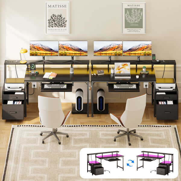 55 Inch Reversible Gaming Desk with Power Outlets and LED Light, Office Desk with File Cabinet & Drawer, Computer Desk with