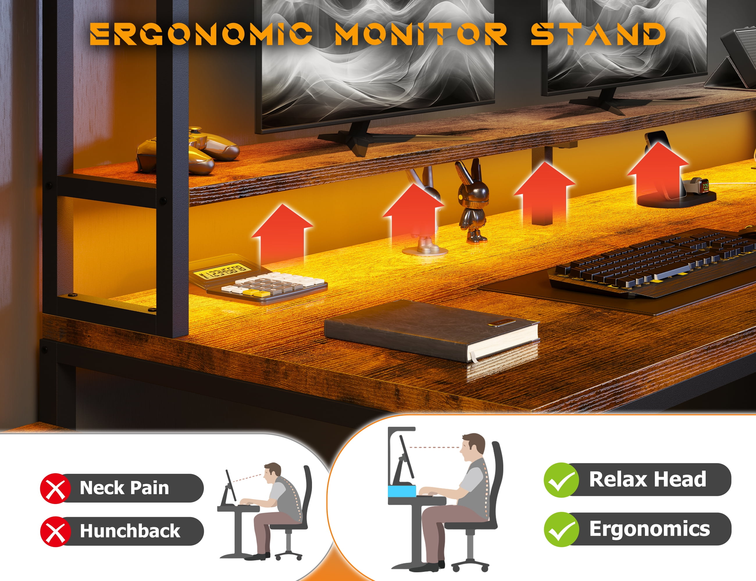 Enhomee L Shaped Desk, Gaming Desks with Power Outlet & LED Light Computer Deskwith Drawers & Storage Shelves Black