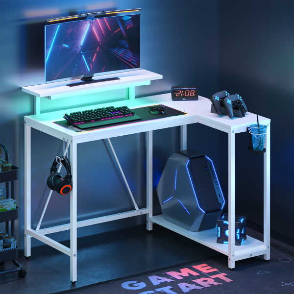 Pinmoco 42" Reversible L-Shaped Gaming Desk with Monitor Stand, LED Lights& Headset Hooks, Home Office, Carbon Fiber Black