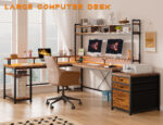 Enhomee L Shaped Desk, Gaming Desks with Power Outlet & LED Light Computer Deskwith Drawers & Storage Shelves Black