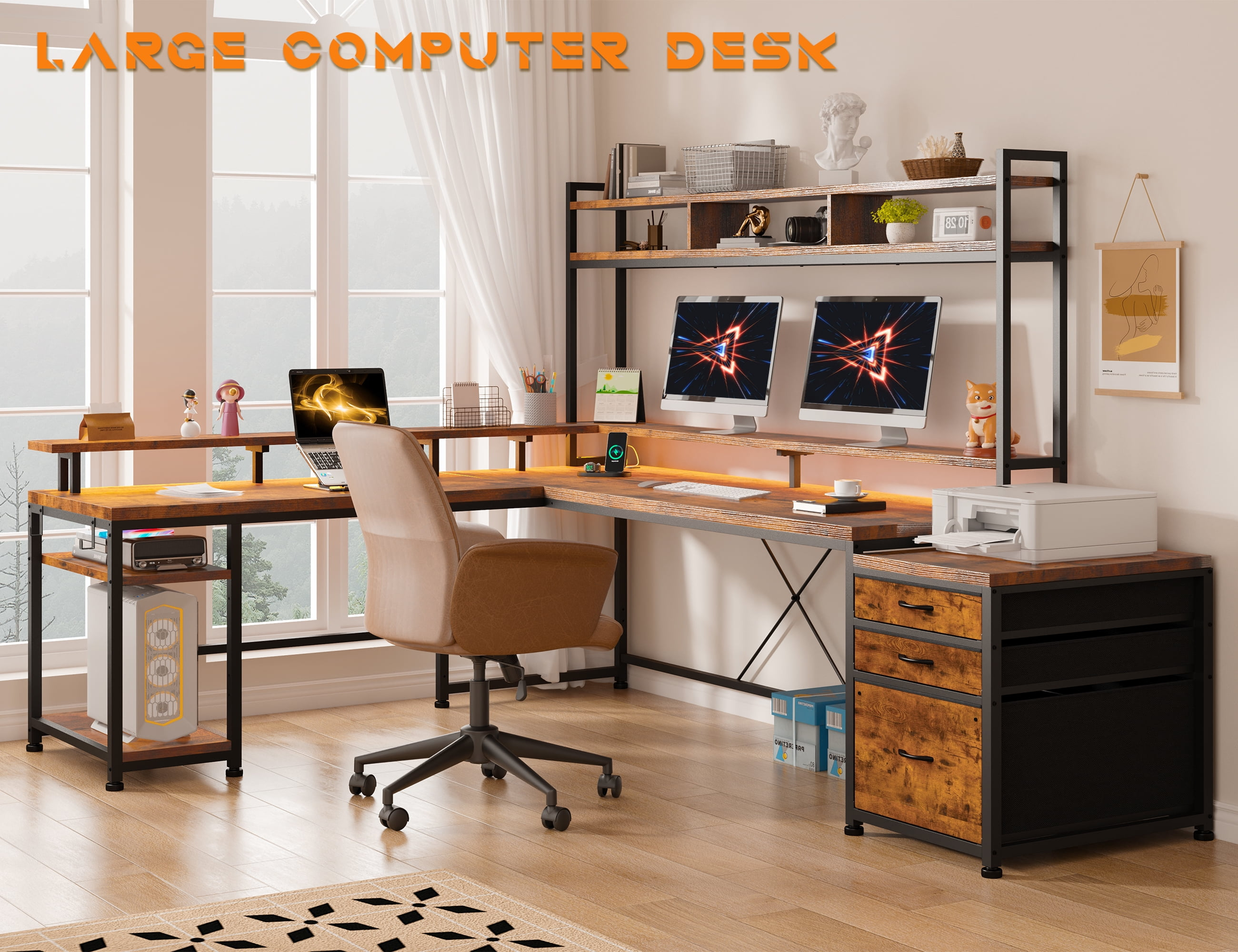 Enhomee L Shaped Desk, Gaming Desks with Power Outlet & LED Light Computer Deskwith Drawers & Storage Shelves Black
