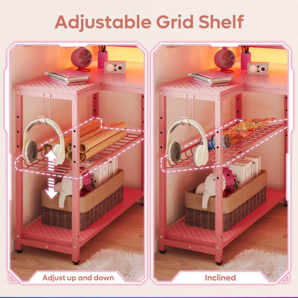 Bestier 71.5 inch Gaming Desk with LED Lights & Power Outlet, L Shaped Computer Desk with Hutch & Adjustable Shelves, Pink 3D