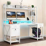 Dextrus 59.1"Computer Desk with Power Outlets & Hutch, Office Desk with Storage Shelves & Drawers with Lock, Gaming Desk with