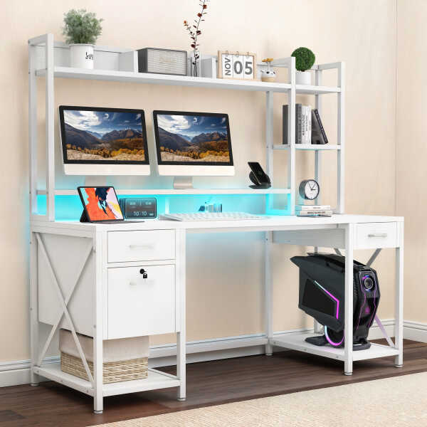 Dextrus 59.1"Computer Desk with Power Outlets & Hutch, Office Desk with Storage Shelves & Drawers with Lock, Gaming Desk with