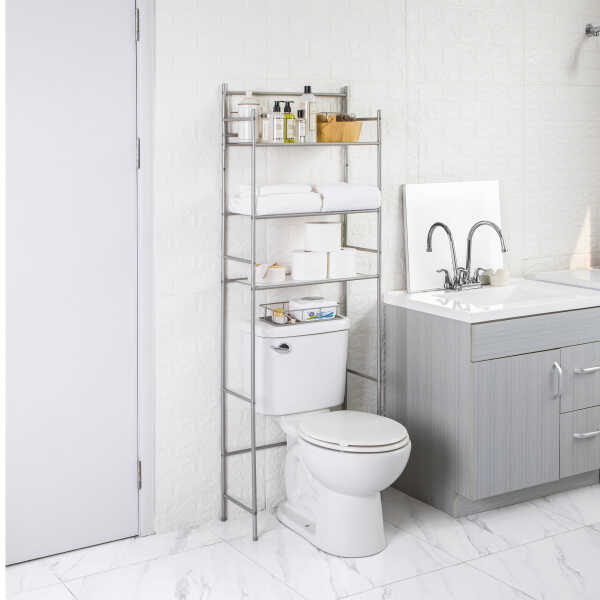 Mainstays 3-Shelf Over the Toilet Steel Freestanding Storage Shelf Unit, Silver, Holds up to 30 lb Capacity