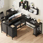 GIKPAL L Shaped Computer Desk, Reversible Gaming Desk with Drawers, Corner Desk with Storage Shelves & Monitor Stand, Home