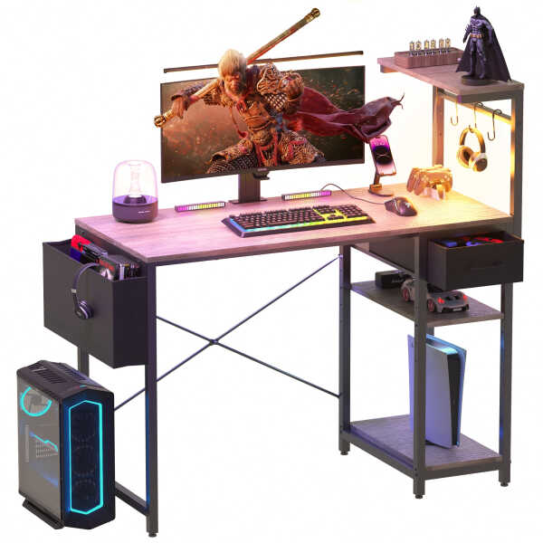 Eunon 44 inch Gaming Computer Desk with LED Lights, Reversible 4 Tier Storage Shelves & Drawer,Pink