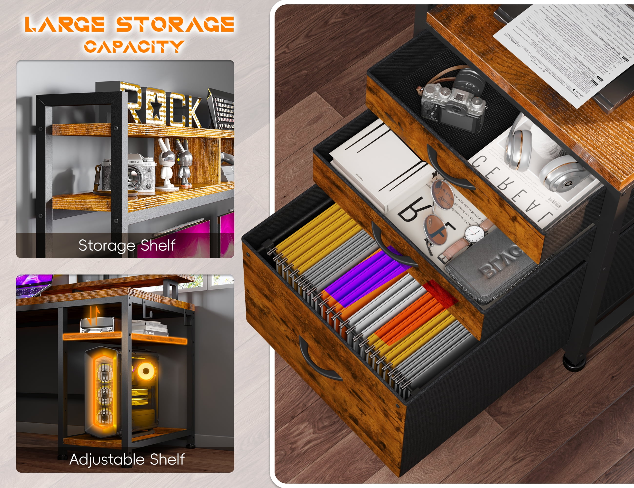 Enhomee L Shaped Desk, Gaming Desks with Power Outlet & LED Light Computer Deskwith Drawers & Storage Shelves Black