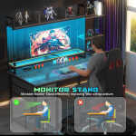 iSunirm Desk with LED Light and Power Outlet, 47.2'' Gaming Desk with Hutch, Reversible Computer Desk with Drawers, and Storage