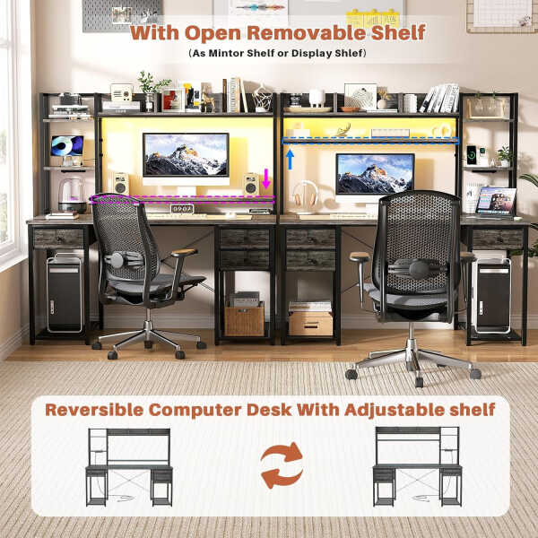 iSunirm Desk with LED Light and Power Outlet, 47.2'' Gaming Desk with Hutch, Reversible Computer Desk with Drawers, and Storage