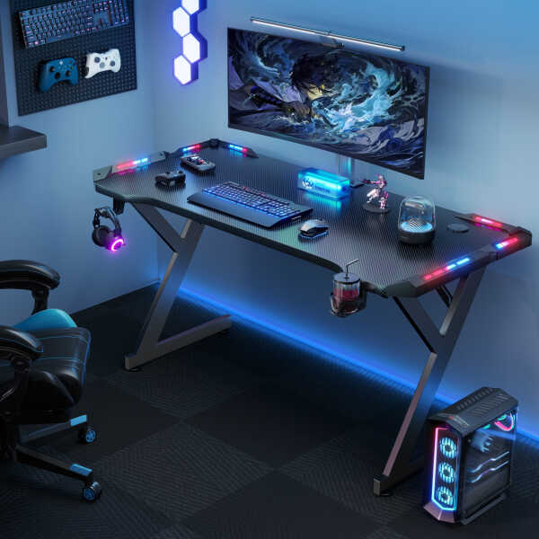 HLDIRECT 40 inch Gaming Desk with LED, Ergonomic Computer Table for Adult and Teen, Black