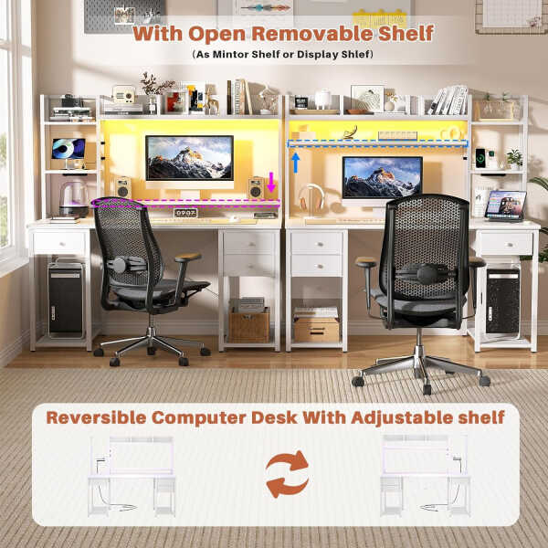 iSunirm Desk with LED Light and Power Outlet, 47.2'' Gaming Desk with Hutch, Reversible Computer Desk with Drawers, and Storage