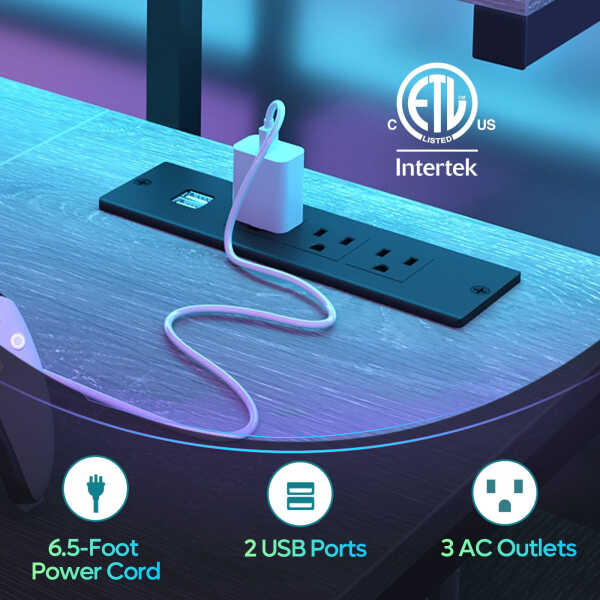 Bestier Gaming Desk with LED Light & Outlets 55" Computer Desk with Monitor Stand, Black Carbon Fiber