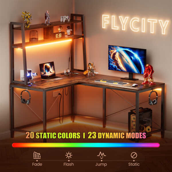Flyicty 55'' L Shaped Gaming Desk, Ergonomic Corner Desk with Monitor Stand, Computer Desk for Home Office Study Writing