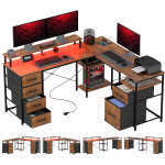 HOMCOM 66" Reversible L Shaped Desk with File Drawer, 105" Two Person Desk with Power Outlet and LED Light, Monitor Shelf and