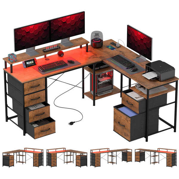 HOMCOM 66" Reversible L Shaped Desk with File Drawer, 105" Two Person Desk with Power Outlet and LED Light, Monitor Shelf and